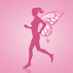 Running woman with wings for breast cancer race