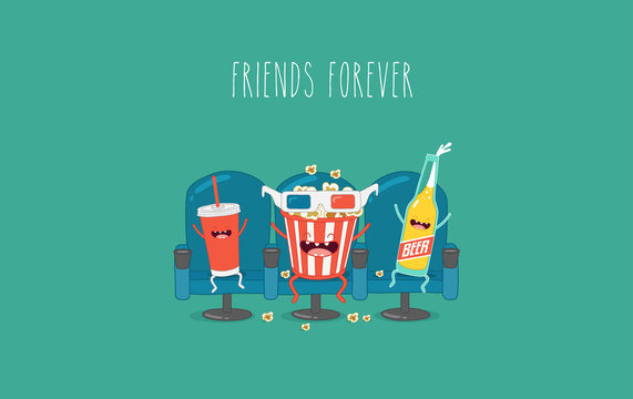 Funny characters cola, popcorn and beer in the cinema