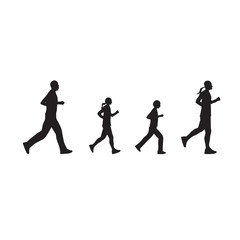 Fototapeta na wymiar Black silhouettes of running people, family.