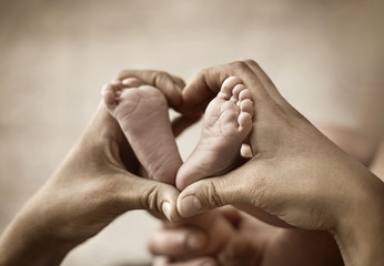 Conceptual picture of parent's hands holding little feet
