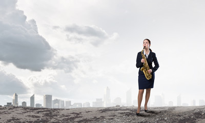 Woman saxophonist. Concept image