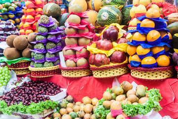 Fruit stacked at a stall in Mercado Municipal market in Sao Paulo, Brazil
