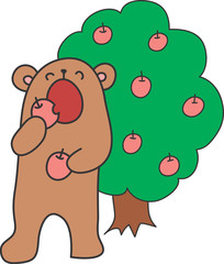 おいしそうにりんごを食べるクマとリンゴの木