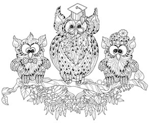 Old Owl  on tree branch with small owls.