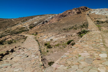 Ancient Inca trail at Isla del Sol (Island of the Sun) in Titicaca lake, Bolivia