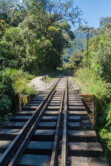 Railway track in Urubamba river valley near Aguas Calientes village, Peru