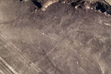 Aerial view of geoglyphs near Nazca - famous Nazca Lines, Peru. In the center, Hummingbird figure is present