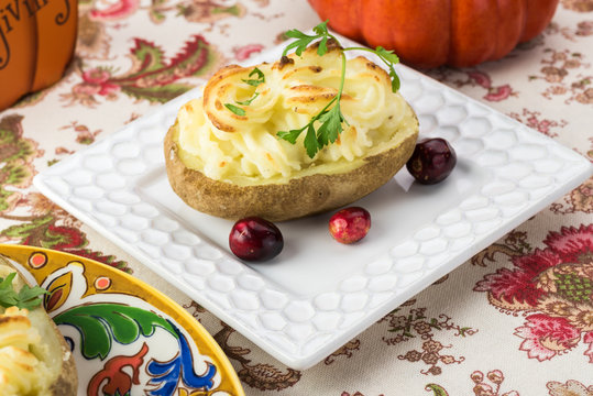Creamy garlic twice baked potatoes.