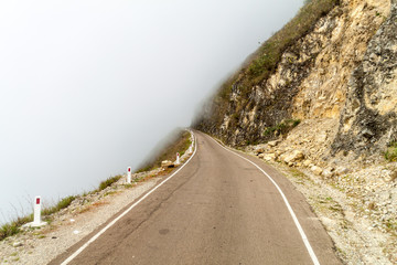 Mountain road in clouds. Stretch between Celendin and Balsas, Peru.