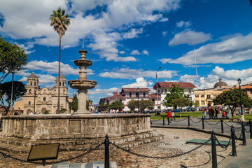 Plaza de Armas square with a cathedral in Cajamarca, Peru. © Matyas Rehak