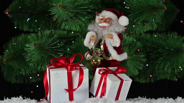 Santa Claus with gift boxes is dancing on a background  blinking garlands, HD 1920х1080