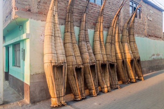 Traditional reed boats in Huanchaco, Peru.