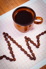 Cardiogram line of coffee grains and cup of coffee, medicine and healthcare concept