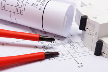 Electrical diagrams, electric fuse and screwdrivers on drawing