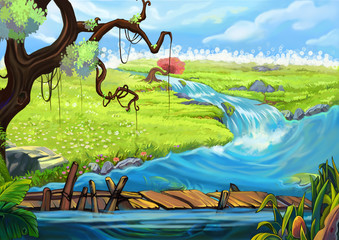 Obraz na płótnie Canvas Illustration: The Riverside. Tree, Flowery Fields, and Bridge. Realistic Cartoon Style Scene / Wallpaper / Background Design. 