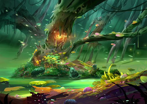 Illustration: The Magical Tree in The Magnificent and Mysterious and Scary Forest. Realistic Cartoon Style Scene / Wallpaper / Background Design.
