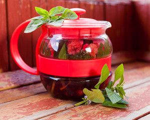 Raspberry mint tea in  teapot