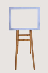 wooden easel with blank frame isolated on white background