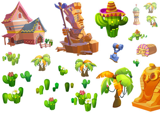 Illustration: Desert Theme Elements Design. Game Assets. The House, The Tree, The Cactus, The Stone Statue. Realistic Cartoon Style Elements / Illustrations / Objects / Game Assets Design.
