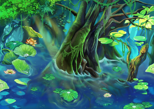 Illustration: The Tree Pond. Realistic Cartoon Style Scene / Wallpaper / Background Design.
