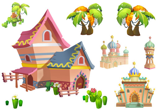Illustration: Desert Theme Elements Design Set 2. Game Assets. The House, The Tree, The Cactus, The Stone Statue. Realistic Cartoon Style Elements / Illustrations / Objects / Game Assets Design. 