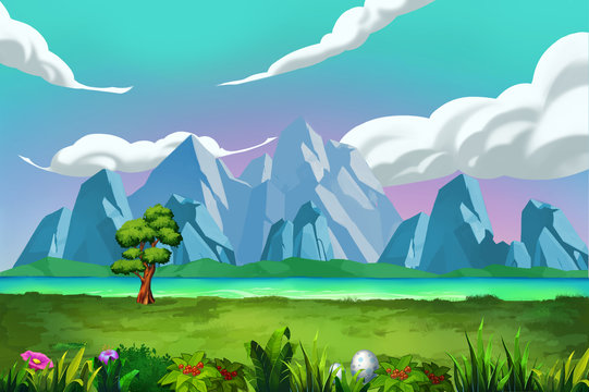 Illustration: The Good View of River Bank in front of the Mountains. Realistic Cartoon Style Scene / Wallpaper / Background Design.
