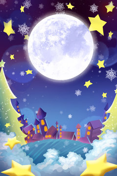 Illustration: The Beautiful Town in the Christmas Night! Wish Card Background. Realistic Cartoon Style Scene / Wallpaper / Background Design.
