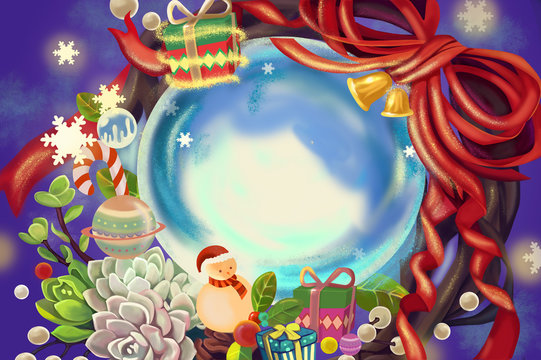 Illustration: Magical Crystal Ball with Gifts, Flowers etc. Holiday Theme. Realistic Cartoon Style Scenery / Wallpaper / Background Design.
