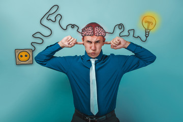 businessman man puffed out his cheeks and closed his hands over 