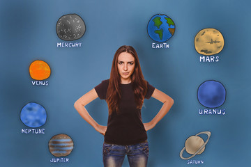 girl frowned angry hand on the body of the planet of the solar s