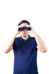 Asian guy holding binoculars, isolated on a white background.