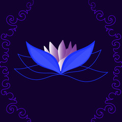 Beautiful vector lotus flower on blue background with figured curling lines