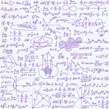 Mathematical vector seamless texture with figures, equations and calculations. Endless math texture, "handwritten on copybook paper sheet"