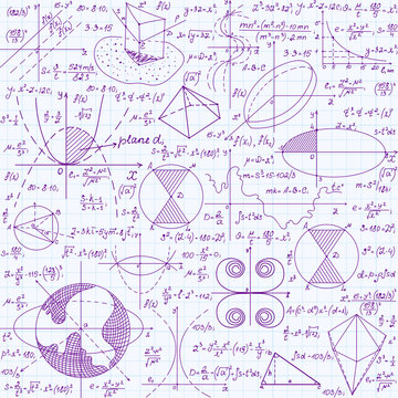 Math education vector seamless pattern with handwritten formulas, tasks, plots, calculations and geometrical figures. Endless texture handwritten in violet ink on copybook grid paper