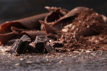 Dark chocolate shavings and sprinkled cocoa powder
