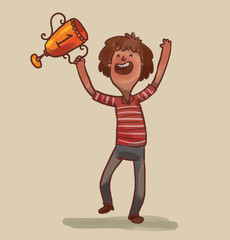 Vector Boy won a prize. Cartoon image of a little boy with brown curly hair in blue pants and red and white striped T-shirt holding in his hand a gold cup with the number 