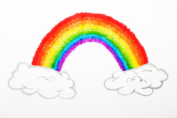 Colorful rainbow and fluffy clouds drawing, childhood conception