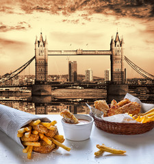 Fish and Chips against Tower Bridge in London, England