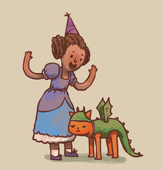 Vector cartoon image of a funny little princess with dark hair in a violet-blue dress and purple cap on her head with a red cat in a green dragon costume on a light background.