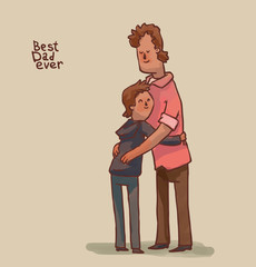 Vector cartoon image of a man with brown hair  - dad hugging a little boy with brown hair - son on a light background.