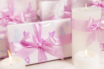 Obraz na płótnie Canvas Presents Gift Boxes, Silk Ribbon Bow White Pink Color, Woman
