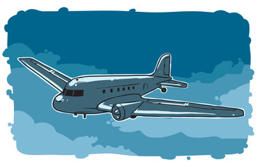 Vector Retro plane in the sky, flies left. Cartoon image of gray retro plane flying  left in the clouds on blue heaven background.