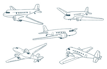 Vector Set of retro planes. Line image of five retro planes on a white background.