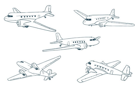 Vector Set of retro planes. Line image of five retro planes on a white background.