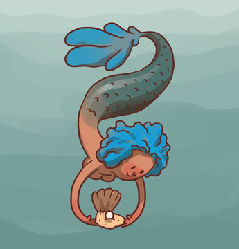 Vector cartoon image of a cute mermaid female with blue hair and a silver-blue tail with white seashell with a pearl in her hands on blue sea background.