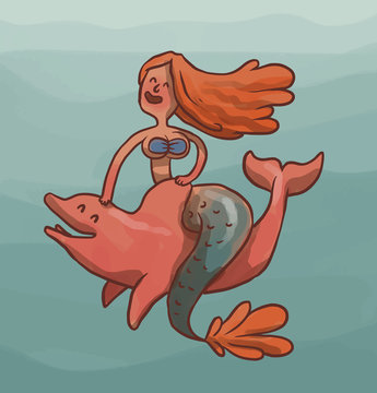 Vector cartoon image of a cute mermaid female with ginger hair and a silver-ginger tail sitting astride a pink dolphin on blue sea background.