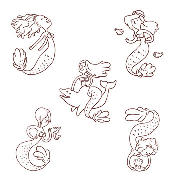 Vector Set of Mermaids females. Line cartoon image of five mermaids females in different poses on a white background.