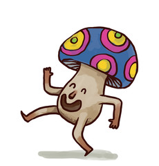 Vector Party mushroom, blue. Cartoon image of funny blue party mushroom in pink and yellow polka dot hat dancing on a white background.