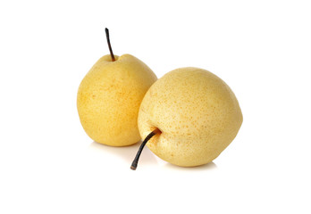 Chinese pear or Nashi pear with stem on white background