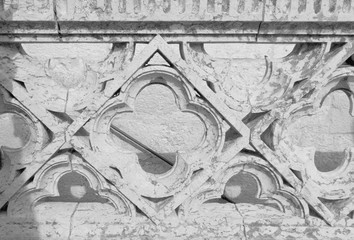 Architectural close up of the ornamental stone balustrade of Belem Tower in Lisbon, in typical Manueline Style
